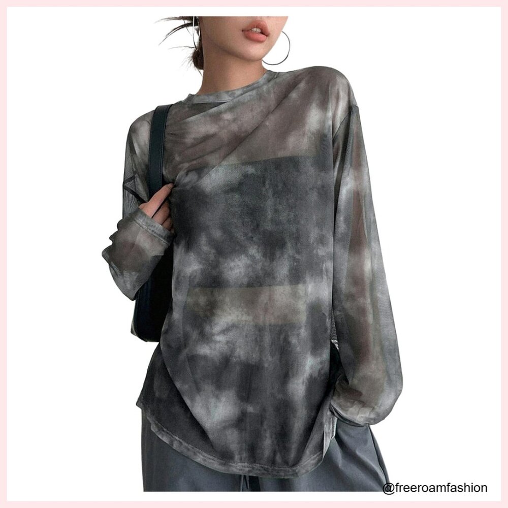 Oversized Long Sleeve Mesh T-Shirt Sheer Streetwear Rave Top
